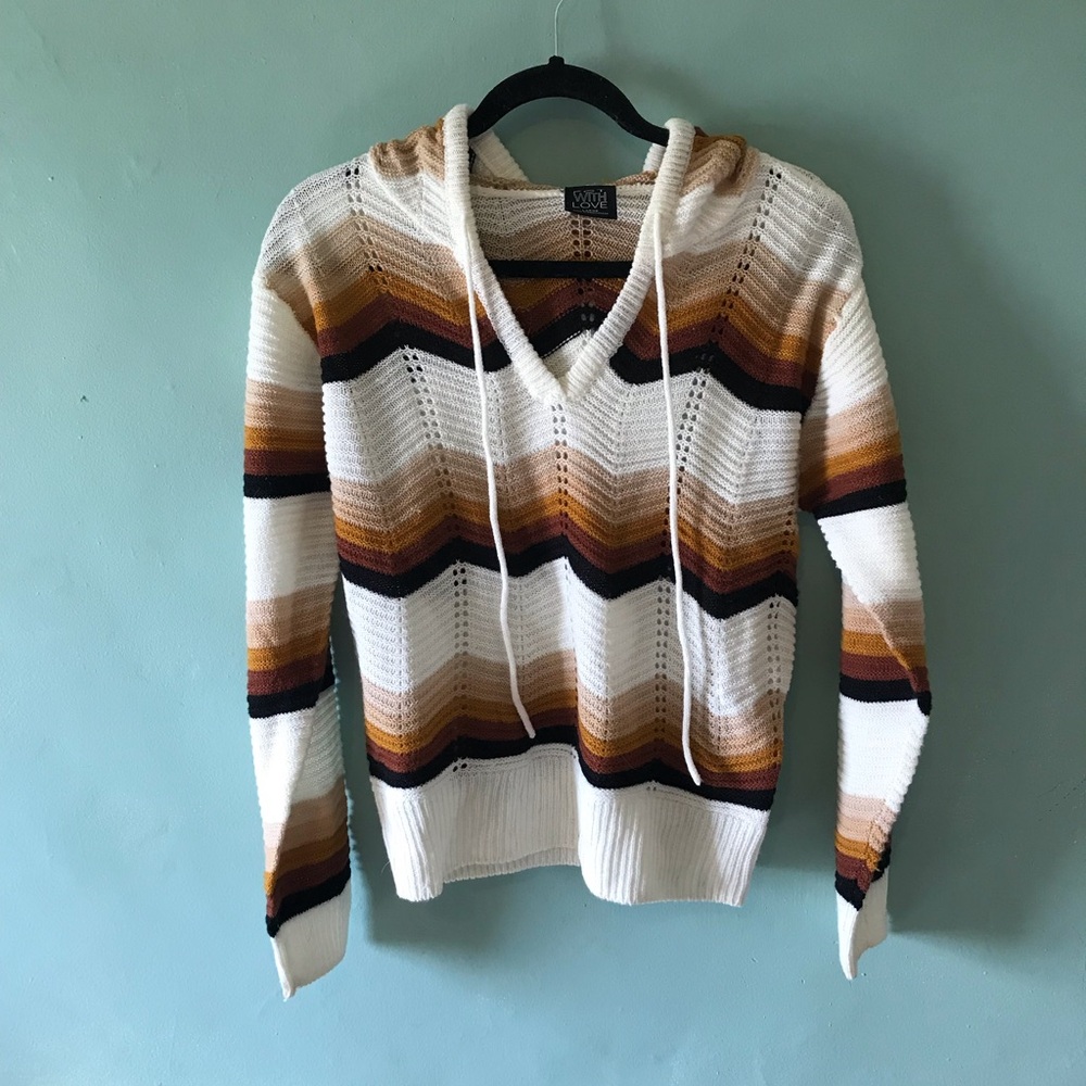 Striped V-Neck Hoodie Sweater in White and Brown Tones